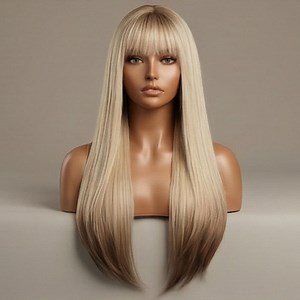 Long Straight Reverse Ombre Wig - Blonde to Brown Dip Dye Hair With Bangs - Etsy