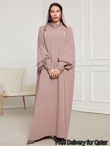 200 QR ONLY Saudi Women Abayas Muslim Ramadan Prayer Clothing With Hooded Jalaba Solid Casual Batwing Sleeve Arab Oriental | Qatar Makeup Shop Online