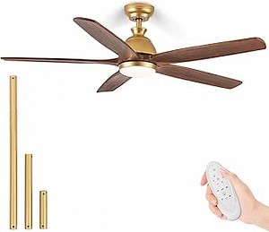 60 Inch Gold Ceiling Fan with Light, Modern Farmhouse Ceiling Fan with Remote, Large Outdoor Ceiling Fans for Patios, Rustic Wood Fan Reversible DC Motor for Indoor Exterior Porch, 3CCT