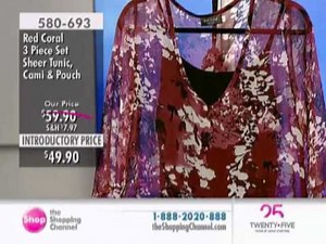 Red Coral 3 Piece Set: Sheer Tunic, Cami & Pouch at The Shopping Channel 580693