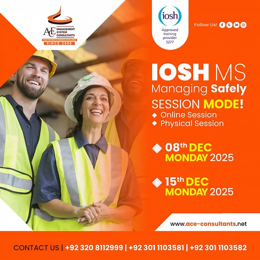 Enhance your professional competence with our IOSH Training – December 2025, delivered by Ace Management System Consultants. This program equips participants with essential knowledge in workplace safety, risk identification, and compliance with global safety standards. Join our expert-led online and physical sessions and earn an internationally recognized IOSH certification. Course Detail: 🟠 Course Name: IOSH MS - Health & Safety Course 🟠 Batch Date: 08th December 2025 🟠 Mode: Online & Physic