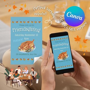 Friendsgiving Thanksgiving Potluck Turkey Dinner Light Blue Customizable Mobile and Printable Invitation Template - Etsy
