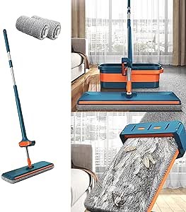 Self Wringing Flat Mops for Floor Cleaning with 2 Reusable Washable Pads Lazy Hands Free Microfiber Floor Mop with Wringer 360° Floor Cleaning Mop & Stainless Steel Handle for Hardwood Laminate Tile