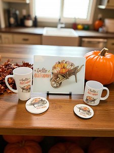 Autumn Wheelbarrow Design: Glass Chopping Board, Latte Cup & Coaster Set