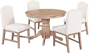 Home Styles White Washed Five-piece Dining Set with 42-inch Round Pedestal Dining Table, Four Upholstered Chairs, and Polyester Blend Upholstered Seat and Back Fabric