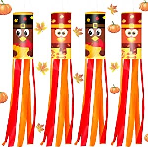 Breling 4 Pieces 40 Inch Thanksgiving Windsocks Fall Turkey Windsock Flag Fall Hanging Decorations Autumn Harvest Flag Outdoor Hanging for Wall Tree Front Patio Lawn Home Garden Decor