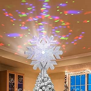3D Sliver Glitter Snowflake Christmas Tree Topper with Led Rotating Projector for Holiday Decoration (Colorful Ripple)