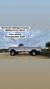 1972 Ford F-250 Sport Custom Highboy 4×4 4-Speed Price: $6,000 Down payment: $800 Like and Share for a Chance to Win our Vehicle Giveaway that we will announce very soon 16k Miles Shown 360ci V8 Four-Speed Manual Transmission Dual-Range Transfer Case Limited-Slip Rear Differential Two-Tone Gray & White Paint Black Vinyl & Gray Cloth Upholstery 16" Ultra Aluminum Wheels Manually Locking Front Hubs Receiver Hitch Rear Step Bumper Bed-Mounted Toolbox Holley Four-Barrel Carburetor Edelbrock Intake M
