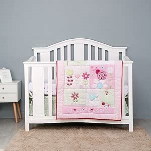 4 PCs Pink Embroidery Ladybug Nursery Crib Bedding Set Baby Girl Garden Bird Ladybug Butterfly Theme Cot Bedding Set 1 Quilt + 1 Skirt + 2 Fitted Sheet