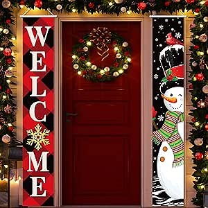 Christmas Porch Signs Snowman Christmas Decorations Supplies Merry Christmas Hanging Flags Welcome Winter Door Banners for Holiday Home Indoor Outdoor Wall Xmas Decor