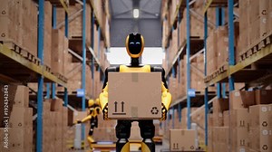 Close-up of AI-powered humanoid robot walking along aisle in automated distribution center carrying a cardboard box. Future of industrial warehouse automation and AI robotics. 3d animation rendering