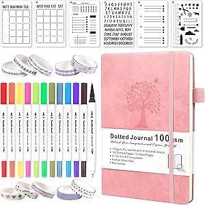 Bullet Dotted Journal Kit-Premium Hardcover, 160 Pages, 100gsm Ivory Paper, Dual Tip Brush Markers, Washi Tape, and Stencils for Women, Men, and Teen, Pink, A5