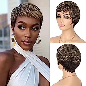 Highlight Pixie Cut Human Hair Wigs for Black Women Glueless Wear and Go Wig Short Layered Pixie Wig with Bangs Full Machine Made Glueless Wigs for Daily Use(33/27)