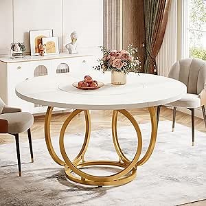 Tribesigns Modern Round Dining Table for 4, 47-Inch White Kitchen Table with Golden Metal Base, Wood Dinner Table Coffee Table for Kitchen, Dining Room, Café (White and Gold)