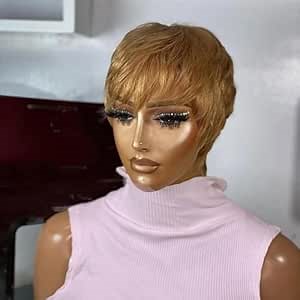 Honey Blonde Pixie Cut Wig Human Hair Glueless Wigs Ready to Go Short Human Hair Wigs for Black Women Pixie Wig with Bang Short Straight Wigs for Women 100% Human Hair(27#)
