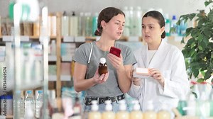 Positive young woman choosing medicinal cough liquid syrup and scan QR code on label at big pharmacy, asian woman pharmacist consulting customer Stock Video