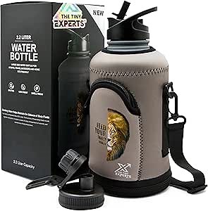 Hot/Cold Insulated Water Bottle - 2.0 Liter (64 oz) Stainless Steel Water Bottles with Sleeve, Carry Strap, Extra Lid, Straw, Cleaning Brushes - Over Half Gallon Large Metal Water Bottle Thermos Jug