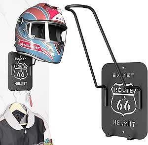 Helmet Holder Wall Mount, Motorcycle Helmet Rack with 2 Hooks, Laser Cut, Cool Hanging Stand for Helmet, Helmet Storage Hanger for Wall (Route 66)