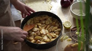 Woman preparing festive apple pie. Preparing ingredients for the pie. Autumn dessert, dish. Homemade pies