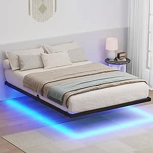 Floating Bed Frame Full Size with LED Lights 7.7 Inch Heavy Duty Metal Platform Queen Bed with Underbed Storage Space Steel Slat Support Anti-Slip Easy Assembly, Black