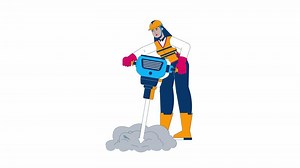 femelle route construction ouvrier avec marteau-piqueur dessin animé animation. 4k mouvement graphique. hispanique femme en fonctionnement jack marteau à Pause béton Animé 2d personnage isolé sur blanc Contexte