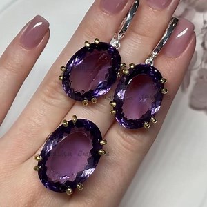 Natural Purple Amethyst Jewelry Set, 925 Sterling Silver Gold Plated Statement Ring & Earrings - Etsy