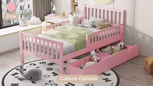 Full Size Wood Platform Bed Frame with Storage Drawers and Both Sides Guardrails, Kids Platform Bed with Headboard and Slat Support, Grey