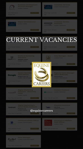Current vacancies listed on equine-careers.co.uk... Searching for your dream job within the Equine Industry? Here is a list of commercial vacancies awaiting your application: ✨ Business Development Account Manager with @britishhorsefeeds ✨ Customer Services with @stromsholm_ltd ✨ Depot Administrator with Strömsholm ✨ Equine Nutritionist / Feed Advisor with @dengiehorsefeeds ✨ Media & Marketing Executive with @equidryuk ✨ Content Producer with @ridesum ✨ Area Manager - Retail in Essex ✨ Sports In