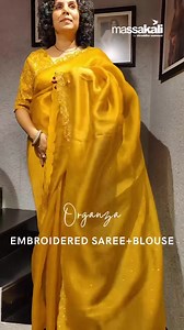 3.7K views · 79 reactions | Shraddha is showcasing a gorgeous yellow organza saree with an embroidered cutdana border and paired with a ready embroidered blouse giving a rich and grand look. Great pick for wedding parties. . WhatsApp us on +91 9930554497 or +91 9321298817 for details and buying. We ship worldwide. . #organzasaree #sareeandblouse #partysarees #weddingpartywear #eveningsarees #SareeSplendor #SareeLoveAffair #massakalisarees | Massakali | Facebook