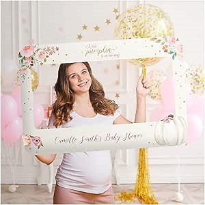 Little Pumpkin Baby Shower Photo Booth Frame - Personalized White and Pink Baby Shower Photo Frame - Custom Little Pumpkin Theme Baby Shower Party Photo Prop (Paper)