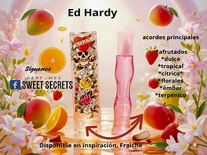 Ed Hardy Women's EDT de Christian Audigier es una fragancia de la familia olfativa Floral Frutal. Si te gustan los perfumes frescos, frutales y alegres, este te va a encantar. Ed Hardy Women abre con un aroma jugoso y dulce de mango, fresa y manzana, muy chispeante y juvenil. Poco a poco se vuelve más suave y femenino con flores ligeras, y al final deja una estela cálida y cremosa gracias a la vainilla, el ámbar y el almizcle. Es un perfume divertido, coqueto y fácil de usar, ideal para el día a