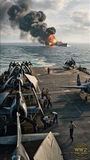 Escort Carrier USS Ommaney Bay Engulfed in Flames – Kamikaze Strike in the Sulu Sea