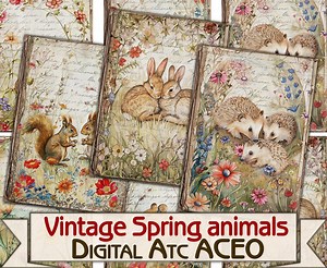 Vintage Spring Animals Collage Digital Picture Printable Cards Atc ACEO - Etsy