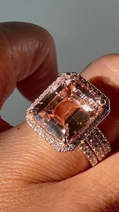 The Drenched Emerald Cut Morganite Ring Shown in 12x10mm with two fitted bands 1/2 CTW Band Option Rose Gold #snsthedrenchedring | Samnsue Jewelry Design