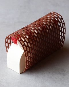 Using a silicon stencil mold, I was able to create a fun chocolate tuile cage to wrap around the outside of my custom dessert. I used my own mold to create this unique shape, then filled it with a chocolate raspberry cake, surrounded by a vanilla mousse! | Matt Adlard