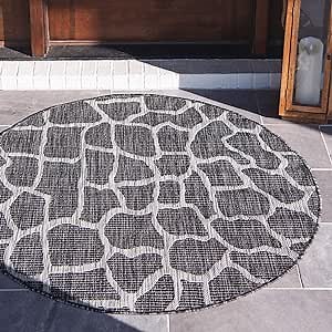 Unique Loom Outdoor Safari Collection Area Rug - Giraffe (4' 1" Round, Charcoal Gray/ Gray)