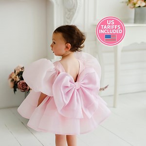 Pink Big Bow Dress Birthday Baby Dress Puffy Dress First Birthday Outfit Toddler Party Dress Fancy Toddler Dress Puffy Sleeves Princess - Etsy