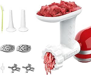 Antree Meat Grinder Attachment For KitchenAid Stand Mixers Includes 2 Plates 2 Grind Blades 2 Sausage Filler Tubes, and 1 Cleaning Brush, Easy To Use Food Grinder Attachment For KitchenAid - White