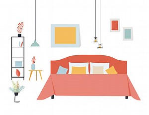 Simple flat vector illustration of a bedroom with a double bed, a...