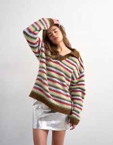 Topshop fluffy knit striped polo sweater in multi | ASOS