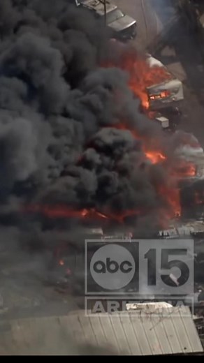 A four-alarm fire has destroyed multiple structures and vehicles near 30th Avenue and Buckeye Road in Phoenix. Head to abc15.com for the latest information. #phoenix #phoenixfd #arizona #news #breaking | ABC15 Arizona