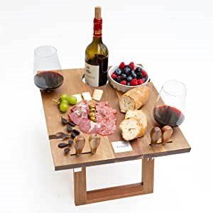 Wine Picnic Table, Foldable Acacia Wooden Wine Table with Wine Glass Holders & Cheese Knives Serving for Camping, Beach, Park, Handmade Folding Charcuterie Board Picnic Tray, Ideal Wine Lover Gift