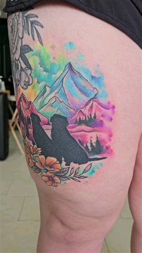 48 reactions | Vibrant watercolour tattoos out if rocky mountain house Alberta #thightattoo #tattedupgirls #inkedgirls #albertacanada | Art of Sarah Jane | Facebook
