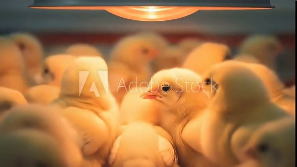 A large group of newborn yellow chicks huddling for warmth under the red glow of a brooder heat lamp at a poultry farm