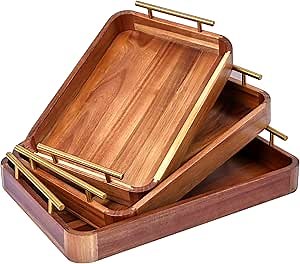Wood Serving Tray with Handles,Decorative Tray Set of 3 with Nesting Stacking Design,Rustic Ottoman Tray for Kitchen Counter/Coffee Table/Living Room Decor,Versatile Tray for Party Picnic Barbecue