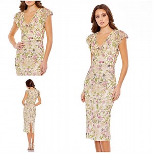 Mac Duggal 5722 Floral Embellished Flutter Cap Sleeve Midi Dress Size 14