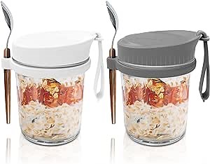 Newest Overnight Oats Container with Lid and Spoon, 16 oz Glass Mason Jars with Lid, Upgrade Airtight Wide Mouth Oatmeal Jars for Meal Prep,Candy,Milk,Cereal,Fruit(Grey,White)