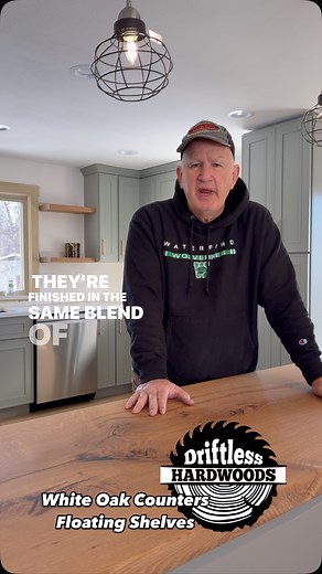 “From tree to timeless beauty! 🌳✨ Brother Tim milled these stunning 2” thick solid white oak countertops, floating shelves, and nearly 3” thick stair treads—all from the same tree—for his niece Taylor’s 1954 ranch remodel. Brother Tom is bringing it all together at Taylor’s Cadillac Ranch, turning history into home. 🏡💪 #DriftlessHardwoods #CadillacRanchRemodel #WhiteOak #LiveEdge #FromTreeToHome #MidCenturyModern #Handcrafted #FamilyBuilt #SolidAsOak” | Driftless Hardwoods
