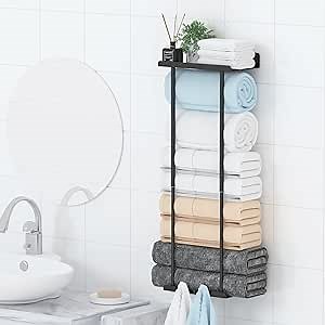 Towel Rack with Shelf for Rolled Towels - Wall-Mounted, Adjustable Bathroom Towel Holder for Towels and Bath Accessories, Durable and Rust Resistant, No Drilling or Wall Damage, Easy Install