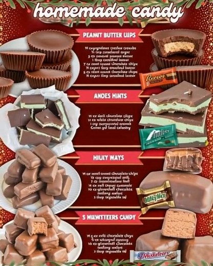 HOMEMADE COPYCAT CANDY! PEANUT BUTTER CUPS: Peanut Butter Inside ¾ cup graham cracker crumbs ½ cup powdered sugar 3 oz smooth peanut butter 1 tbsp unsalted butter Chocolate Layers (Bottom): 7 oz semi-sweet chocolate chips ¼ cup plus 1 tablespoon unsalted butter Chocolate Layer (Top): 5 oz semi-sweet chocolate chips ¼ cup plus 1 tablespoon unsalted butter ANDES MINTS: 11 oz bag of dark chocolate chips 11 oz bag of white chocolate chips 1 tsp peppermint extract Green gel food coloring MILKY WAYS: